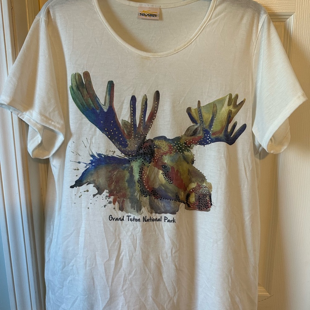 White Graphic T-Shirt with Moose Design and Bling - Grand Teton National Park